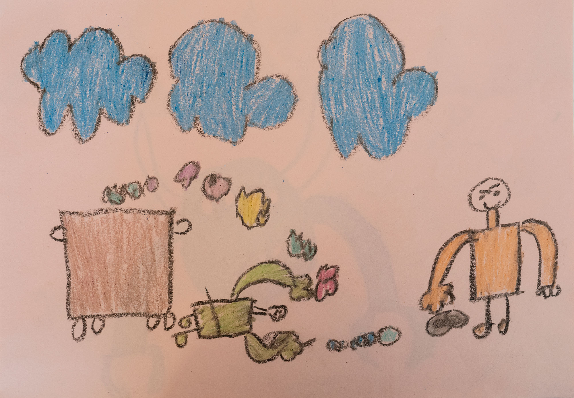 Nine-year-old Yasin drew a picture of people fighting in the camp where he lived on Lesbos.