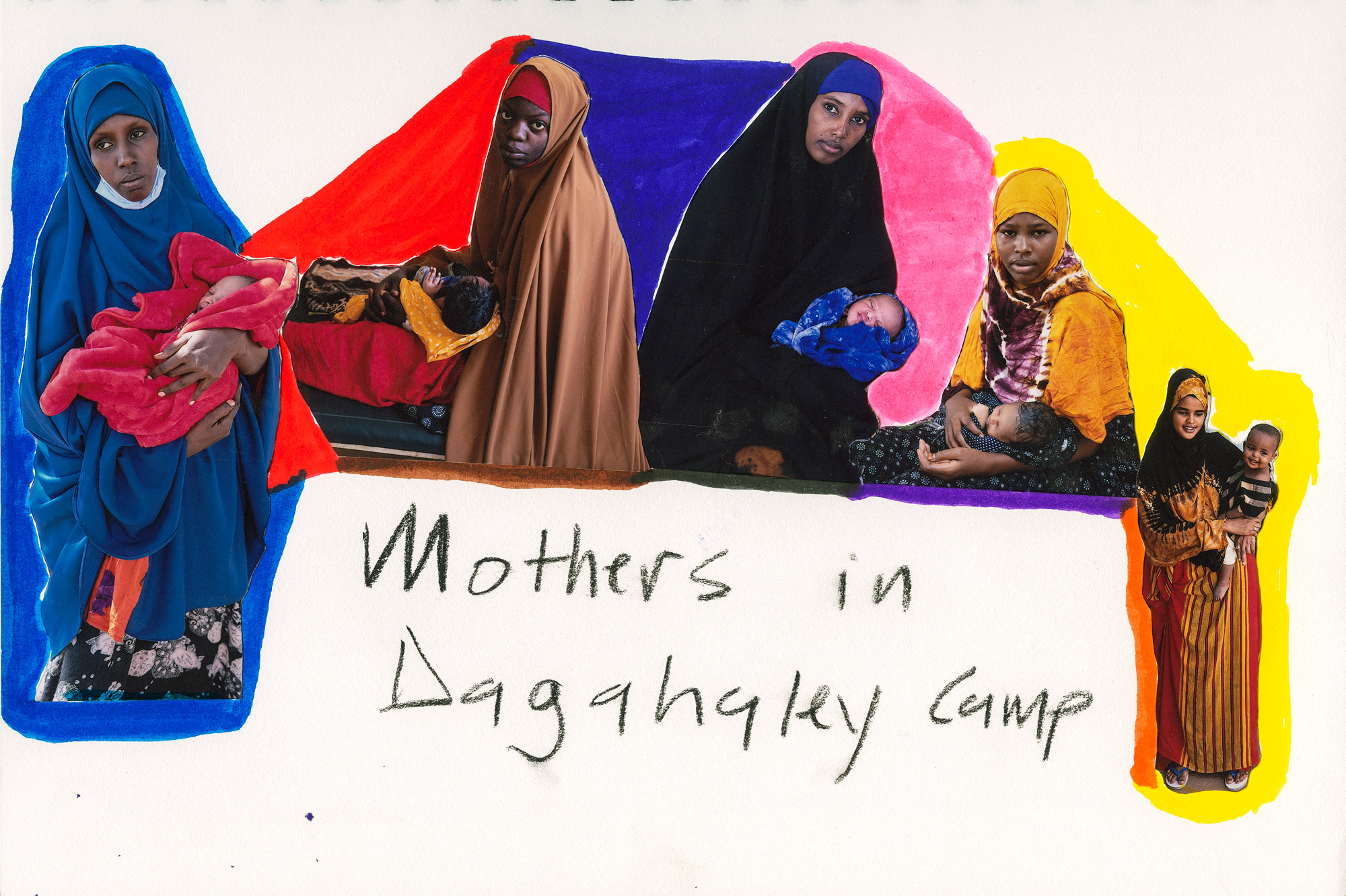 人像拼貼圖，這些媽媽來到無國界醫生的醫院分娩，或為她們的孩子接種疫苗。她們全都出生在難民營，從未去過她們的故鄉索馬利亞。肯亞。達達阿比，達加哈雷，2021年6月13日。