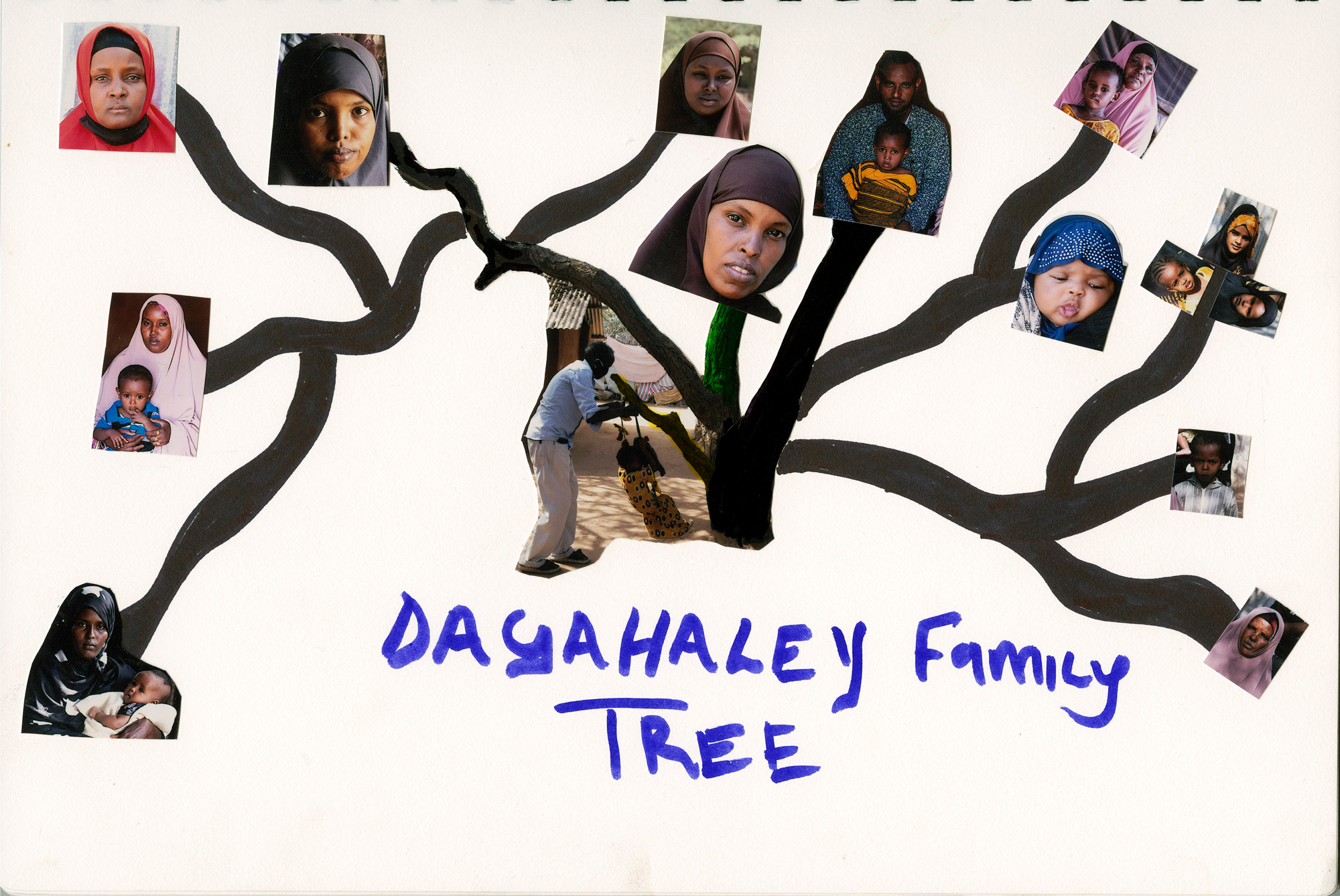 Un collage représentant l'arbre généalogique d'une famille de réfugiés.